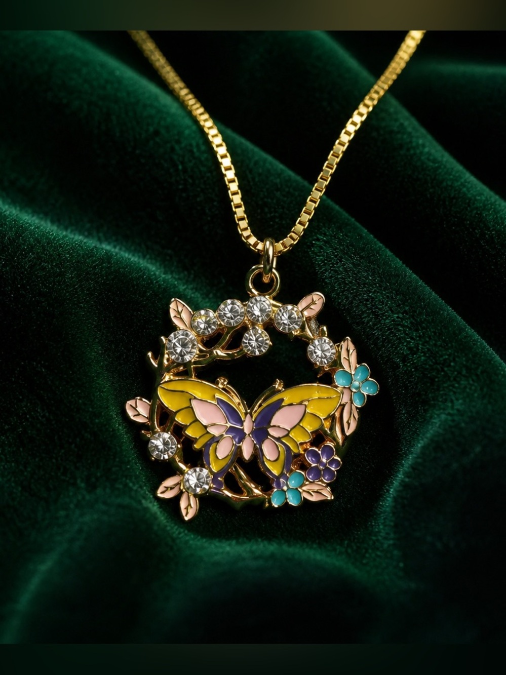 Butterfly Pendant 18k good plated Necklace with Yellow and Pink Enamel - Picture 1 of 8
